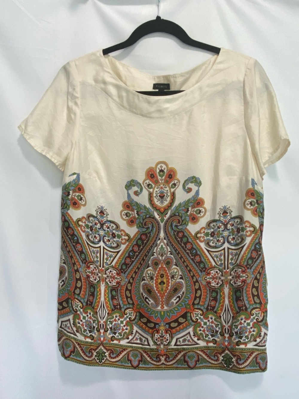 Talbots Cream Short-Sleeve Blouse with Paisley Border Print 100%silk